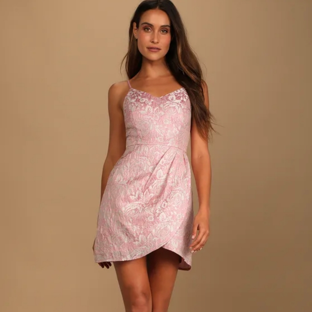 Start This Party Rose Pink Floral Jacquard Tulip Mini Dress - Picture 1 of 7